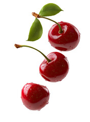 Three ripe cherries with a stem and leaves, isolated