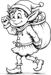 Christmas elf carrying a large sack of festive presents, cheerful holiday character illustration