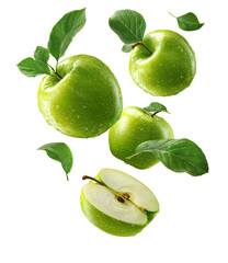 Four whole green apples and one half apple with leaves