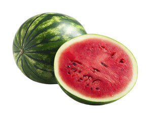 Ripe whole and halved watermelon, bright red flesh with seeds