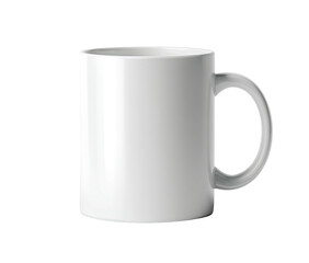 A plain white ceramic mug with a handle, on a black background