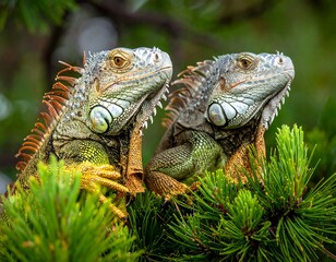 Obraz premium Two green reptiles with orange spikes and sharp eyes nestled in greenery