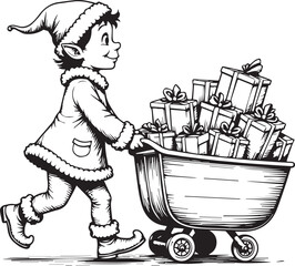 Christmas elf pushing trolley filled with wrapped gift boxes, festive toy workshop illustration