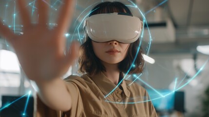 Woman using VR glasses, exploring metaverse, technology concept