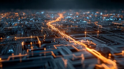 Abstract futuristic circuit board with glowing lines data flow concept