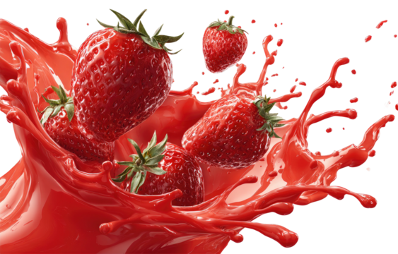 Ripe strawberries bursting in bright red liquid splash