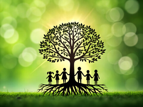 Diverse group of children holding hands forming a circle around the roots of a large vibrant tree symbolizing unity and growth