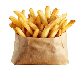 Golden, crisp fried potato strips overflowing from a brown paper bag