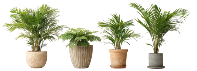 Four potted indoor plants with lush green foliage