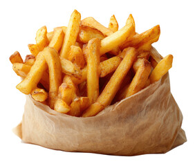 Crispy golden fries in a brown paper bag