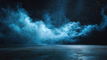 Abstract blue smoke cloud against a starry night sky with copy space