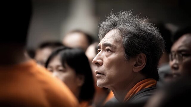 Close-up of people in a conference, showing focused thinking