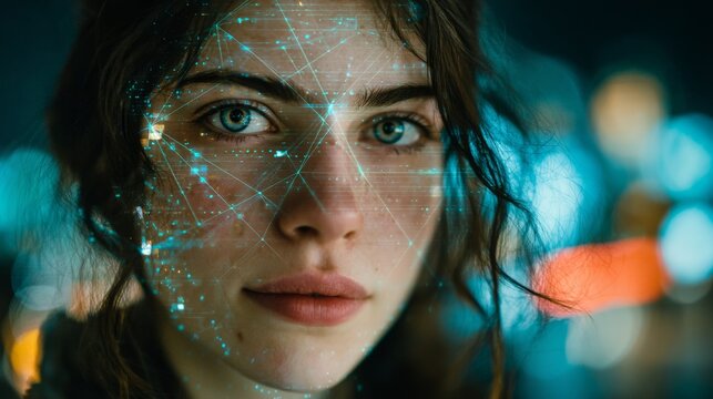 Woman face with futuristic tech overlay, AI data processing concept
