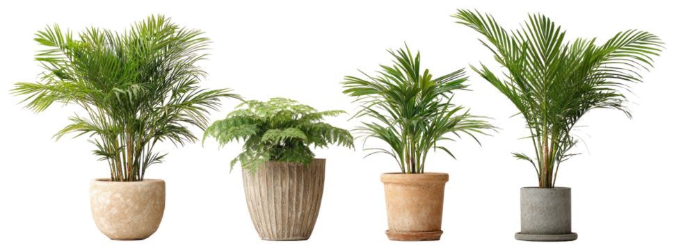 Four potted indoor plants with lush green foliage