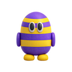 A cartoon character with an egg shape and purple/yellow stripes