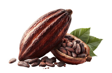 Ripe cocoa pod and beans with green leaves on black