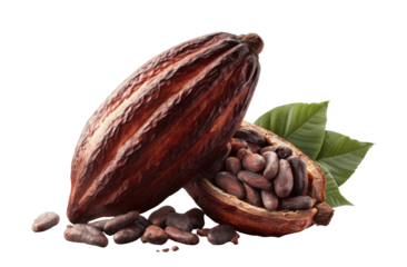 Ripe cocoa pod and beans with green leaves on black