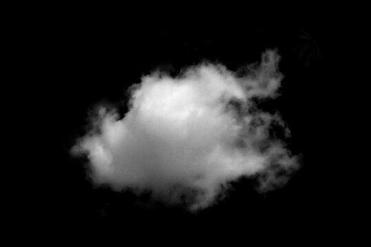 White fluffy cloud isolated on black background, realistic sky element for weather, freedom, and dream concepts, perfect for compositing, digital design, or abstract visual art projects.
