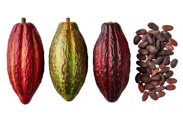Cacao pods and beans in various stages of ripeness