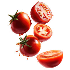 Vibrant red cherry tomatoes cascade, some halved revealing juicy interiors