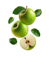 Fresh green apples, whole and sliced, with leaves