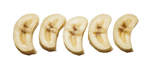 Five cross-sections of a ripe banana sliced into curved pieces