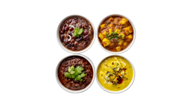 An overhead view of four assorted Indian curries including a kidney bean dish a paneer cheese curry and two lentil dals served in individual white bowls - Powered by Adobe
