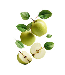 Fresh green apples, whole and halved, with leaves