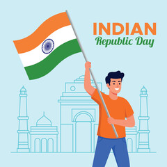 Man holding indian flag celebrating republic day with india gate background