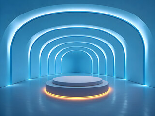 Obraz premium Illuminated futuristic archway tunnel with circular stage and glowing neon lights