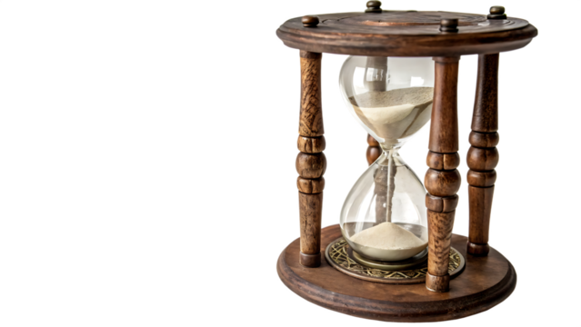 Old brown hourglass cut out on PNG isolated on white background. AI GENERATED.
