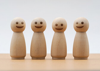 Wooden figures with smiling faces lined up on a table showcasing simplicity and charm in design
