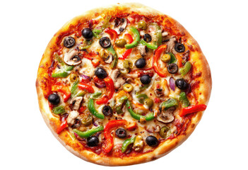 A delicious, fully-topped, round pizza with vibrant colors