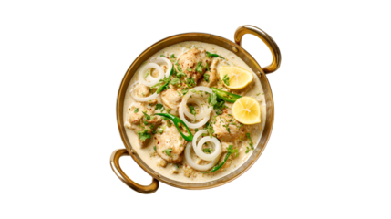 A flavorful and creamy chicken dish served in a traditional metal pot garnished with fresh onion cilantro chili and lemon slices