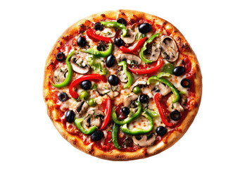 Freshly baked circular pizza with colorful vegetable toppings