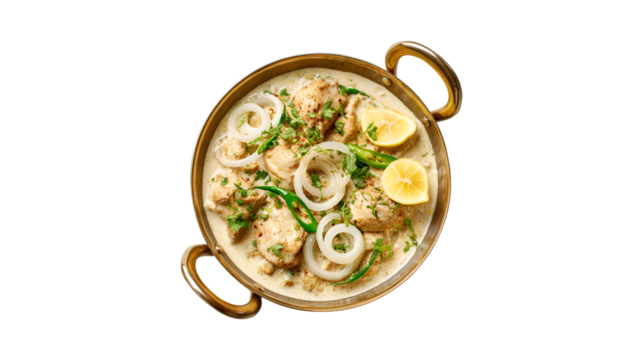 A flavorful and creamy chicken dish served in a traditional metal pot garnished with fresh onion cilantro chili and lemon slices