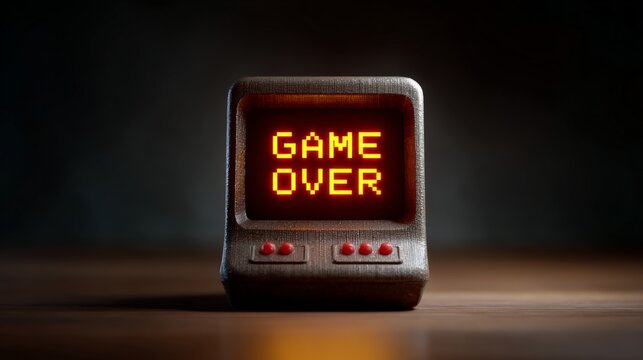 Old school handheld game console with glowing 8 bit game over pixel text on screen, vintage retro vibe evoking childhood nostalgia, defeat, challenge, and arcade era atmosphere
