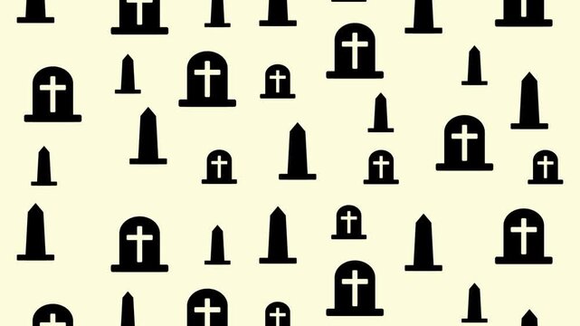 Halloween seamless pattern featuring dark gravestones and crosses on pale cream background for spooky cemetery design
