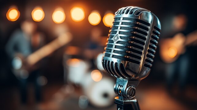 Vintage microphone on stage with musicians, musical performance concept