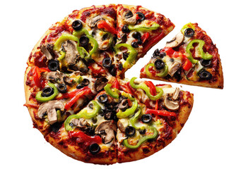 A whole pizza with one slice removed, loaded with toppings