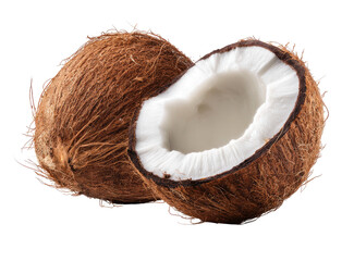 A whole coconut and a halved coconut on a black background