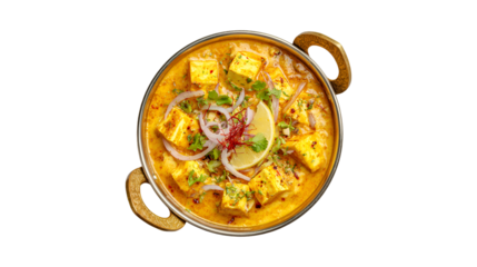 A delicious bowl of creamy Indian paneer curry seen from above garnished with fresh red onion cilantro and lemon served in an ornate metal dish