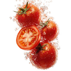 Ripe red tomatoes with water splash on black background