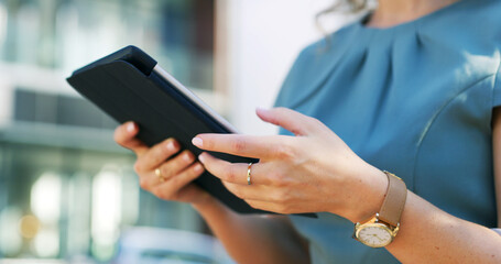 Digital, hands or businesswoman in city with tablet, schedule change or online networking on walk....