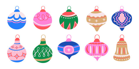 A colorful set of modern Christmas decorative balls and bells for holiday design templates, greeting cards, invitations, and banners.