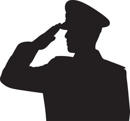 A black silhouette of a military officer in a formal salute position against a white background.