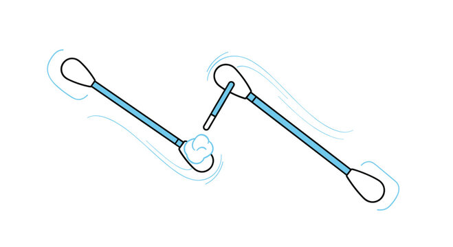 Illustration of two cotton swabs, one with a fluffy tip and the other with a thin tip, moving and swishing in a dynamic, artistic way.