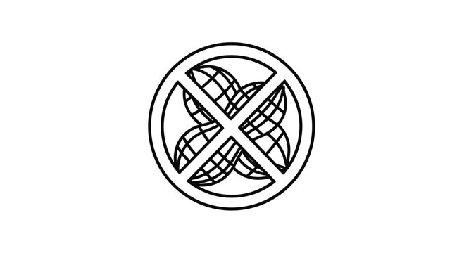 A stylized black and white circular symbol with a diagonal cross superimposed on an interwoven four-leaf clover design.