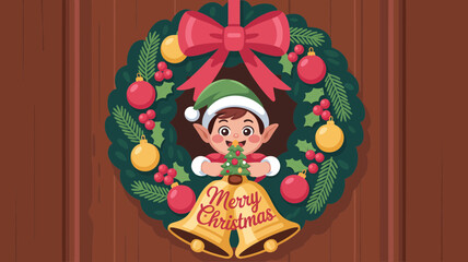 Cute cartoon christmas elf wearing a green hat holding a candy cane inside a festive wreath with ornaments and bells
