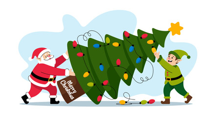Fototapeta premium Santa claus and an elf decorating a christmas tree together with ornaments and a star topper for the holidays